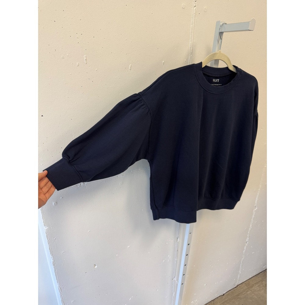 Velvet by Graham & Spencer VLVT Navy Blue Puff Sleeve Cotton Sweatshirt Small - Picture 4 of 9